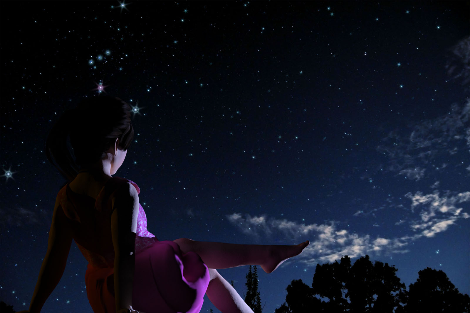 Diva is lost in the stars, gazing at the moonset and watching the night sky.
