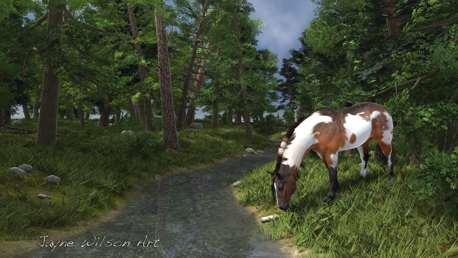 Paint Horse by the Forest Stream